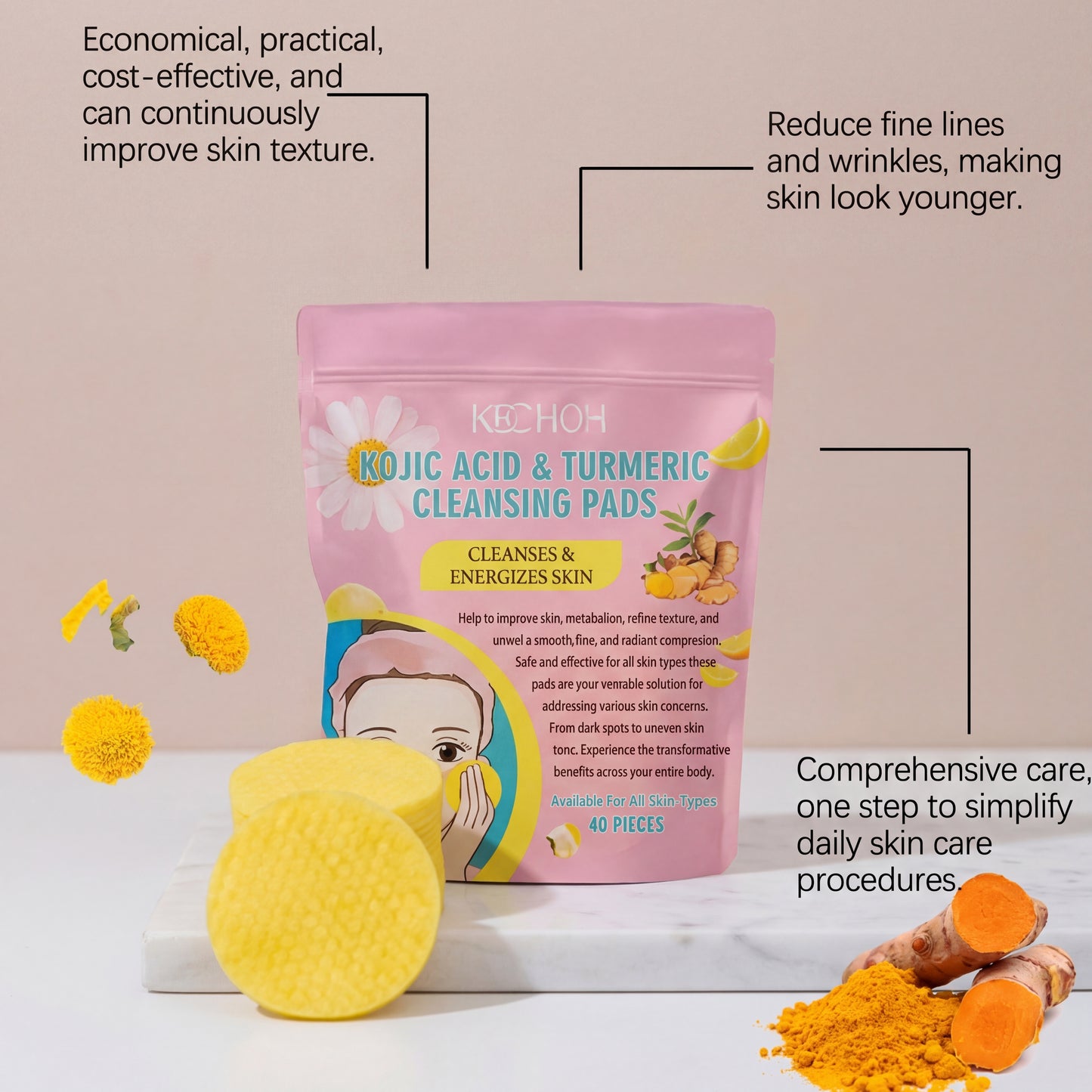 Taviona™ Kojic and Gold Turmeric Brightening Pads with gold accents and packaging, designed for skin brightening and exfoliation.