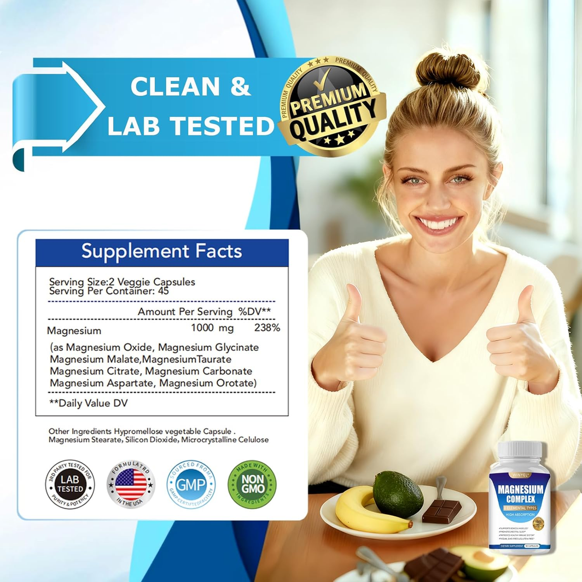 Magnesium Complex Supplement 8 Elemental 1000Mg | Magnesium Supplement with Glycinate, Malate, Citrate | Sleep, Relaxation, Bone & Muscle | Vegan 90 Capsules