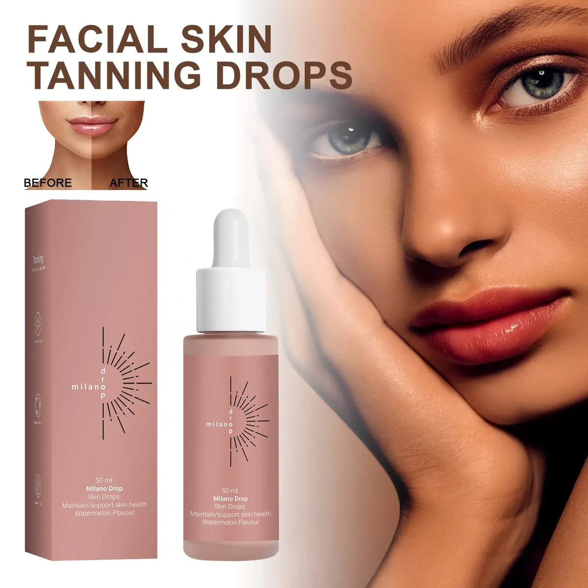 Taviona™ Liquid Sun Melanin Drops in a dropper bottle, showcasing the product label and glass container with liquid drops inside.
