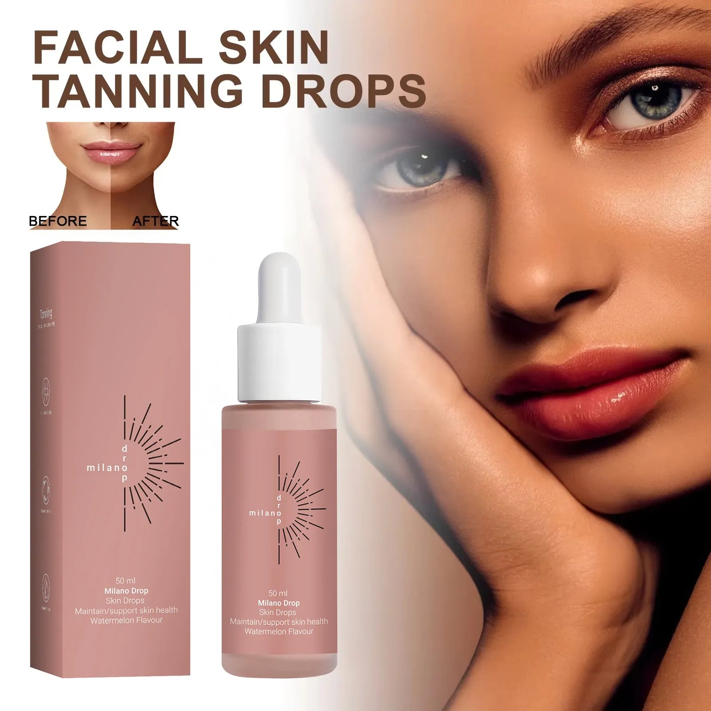 Taviona™ Liquid Sun Melanin Drops in a dropper bottle, showcasing the product label and glass container with liquid drops inside.