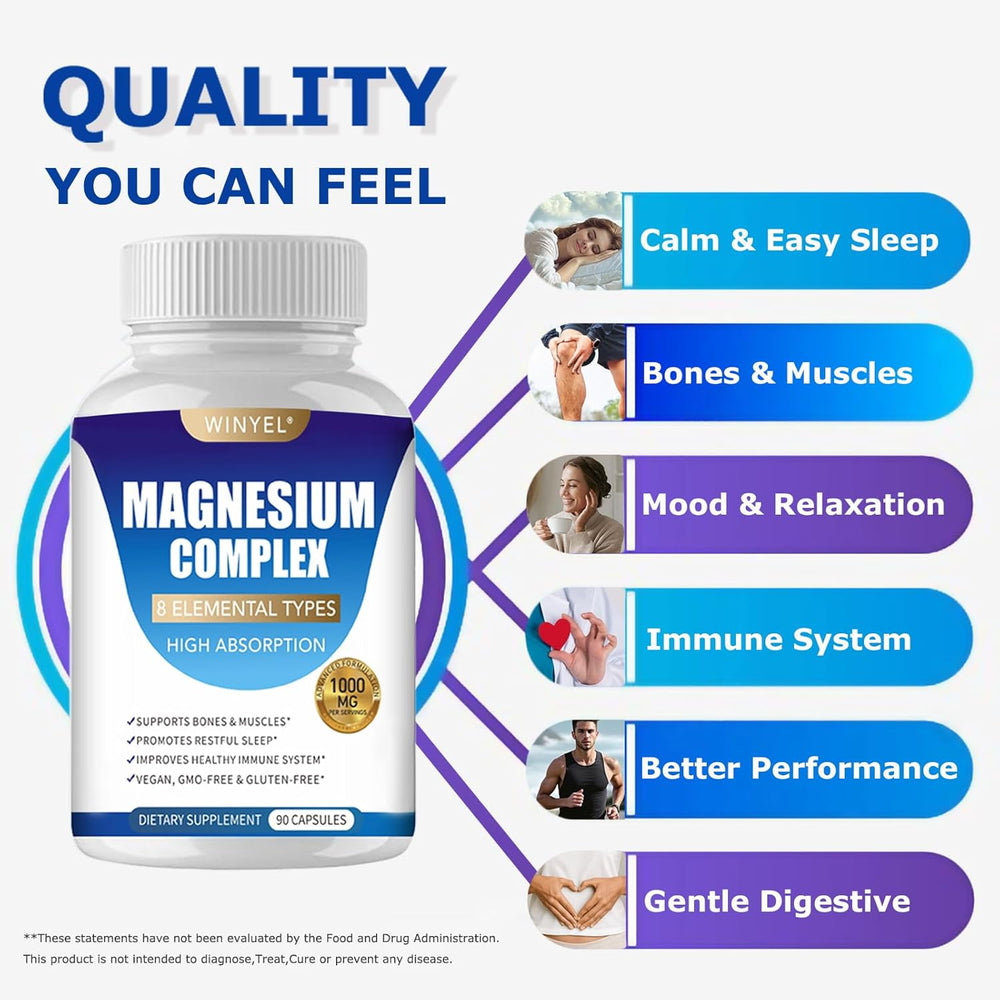 Magnesium Complex Supplement 8 Elemental 1000Mg | Magnesium Supplement with Glycinate, Malate, Citrate | Sleep, Relaxation, Bone & Muscle | Vegan 90 Capsules