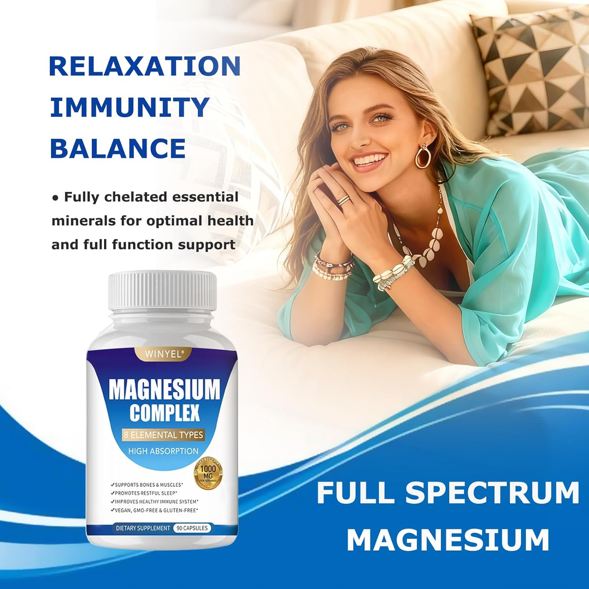 Magnesium Complex Supplement 8 Elemental 1000Mg | Magnesium Supplement with Glycinate, Malate, Citrate | Sleep, Relaxation, Bone & Muscle | Vegan 90 Capsules