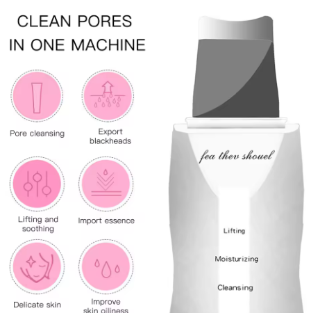 Taviona™ Deep Pore Sonic Scrubber showing a close-up of the device with vibrating brush head for facial cleansing.