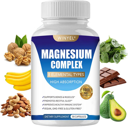 Magnesium Complex Supplement 8 Elemental 1000Mg | Magnesium Supplement with Glycinate, Malate, Citrate | Sleep, Relaxation, Bone & Muscle | Vegan 90 Capsules