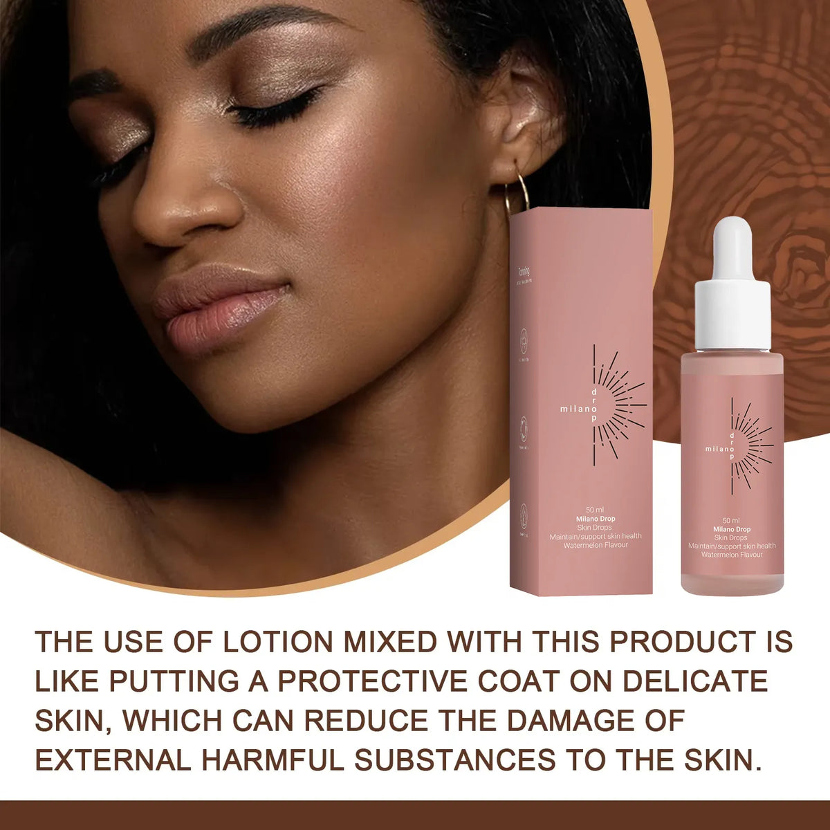 Taviona™ Liquid Sun Melanin Drops in a clear bottle with a dropper, showing the product label and liquid inside.