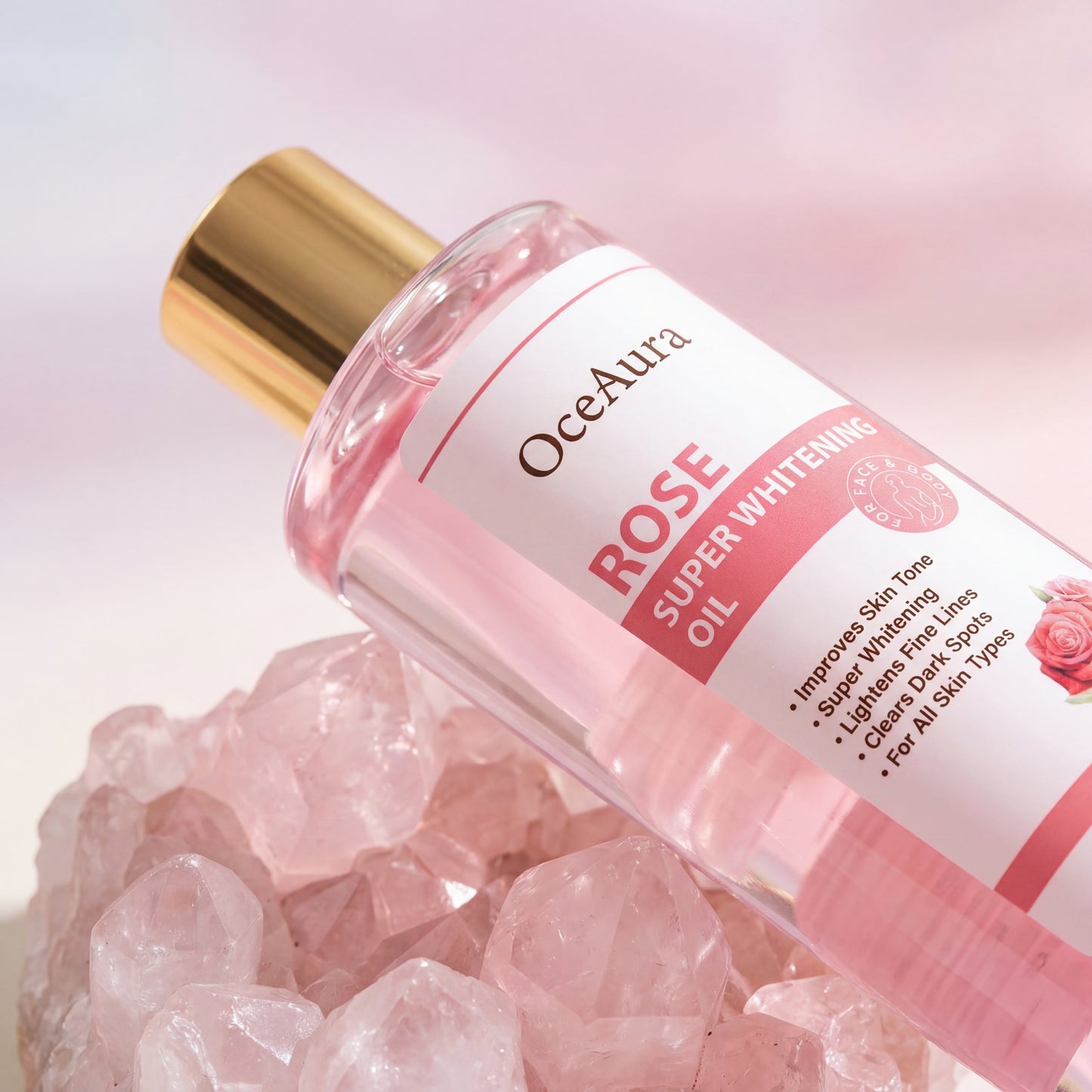 Taviona™ Rose Quartz 7-Day Glow Oil bottle with rose quartz crystals and natural ingredients for radiant skin.
