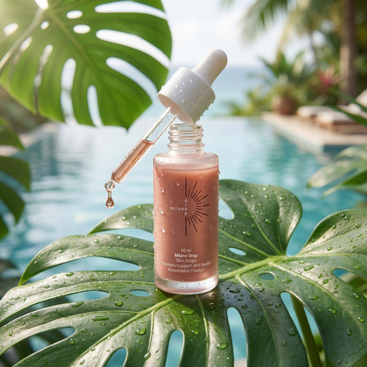 Taviona™ Liquid Sun Melanin Drops in a glass dropper bottle, designed to enhance skin's natural sun-kissed glow with melanin infusion.