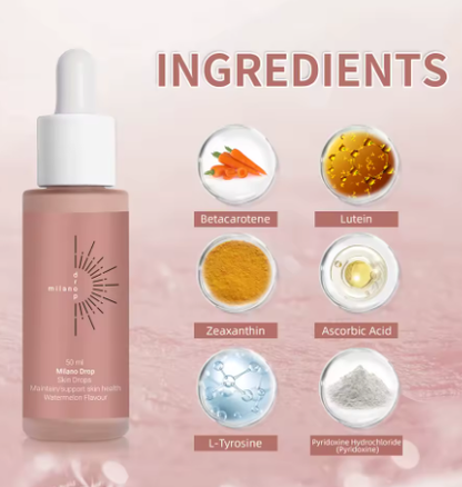 Taviona™ Liquid Sun Melanin Drops in a clear bottle with dropper, designed to enhance skin's natural tan and melanin production.